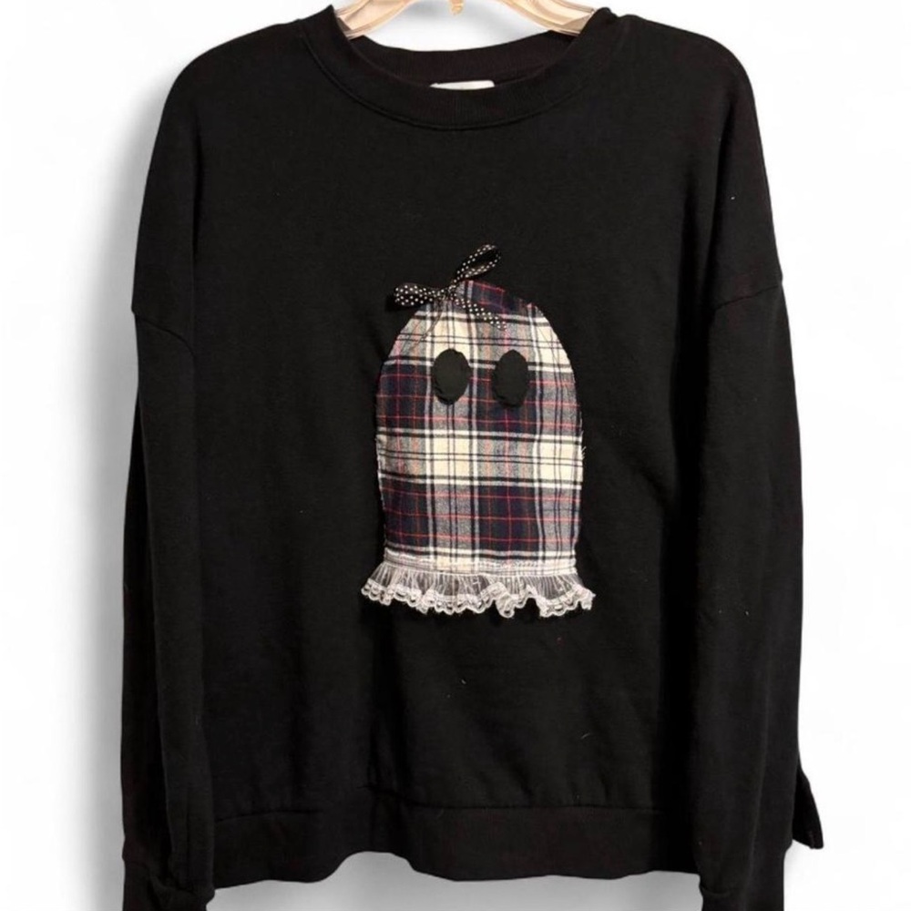 Black Sweatshirt with Plaid Ghost Patch